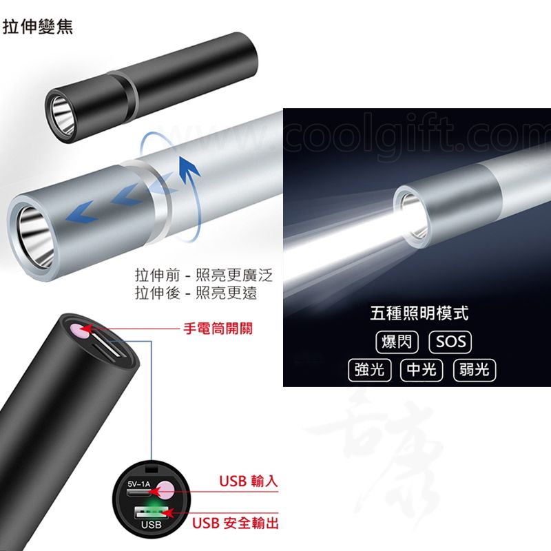 強光USB充電式手電筒(五模式)