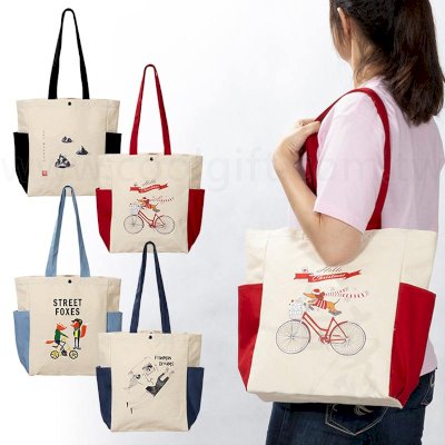 本白配色款兩側口袋大容量帆布包