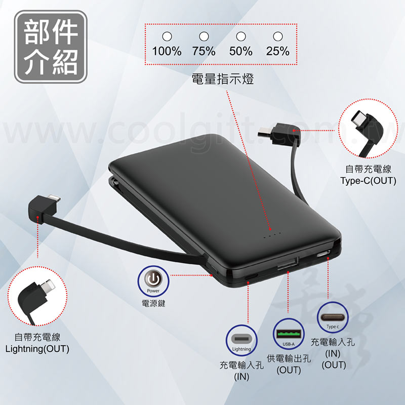 自帶雙線快充行動電源