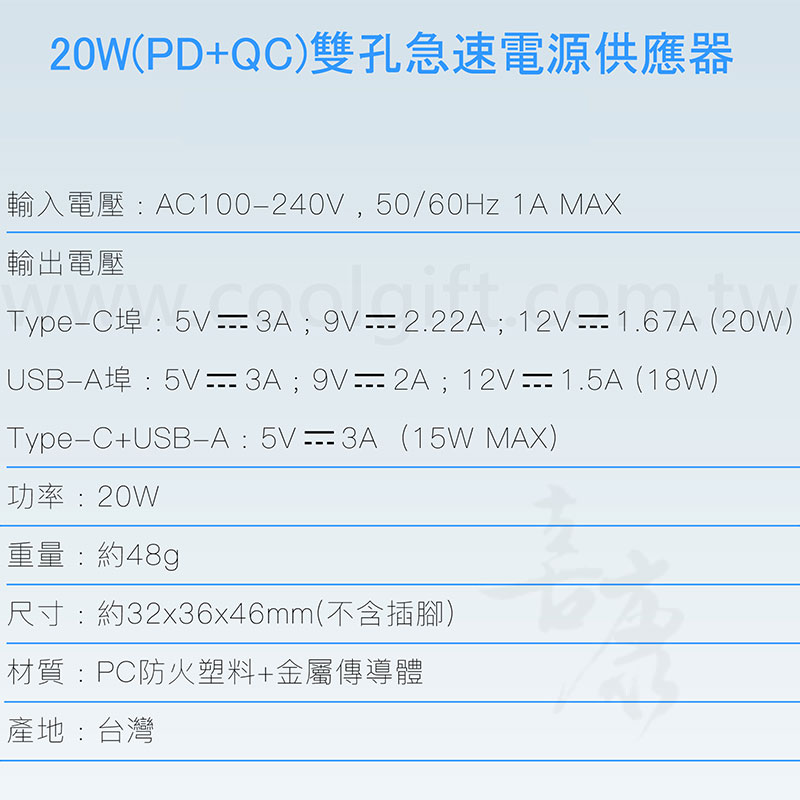 台灣製 急速雙孔充電器20W(PD+QC3.0)